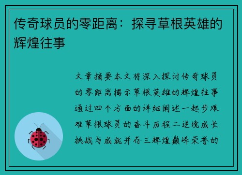 传奇球员的零距离：探寻草根英雄的辉煌往事